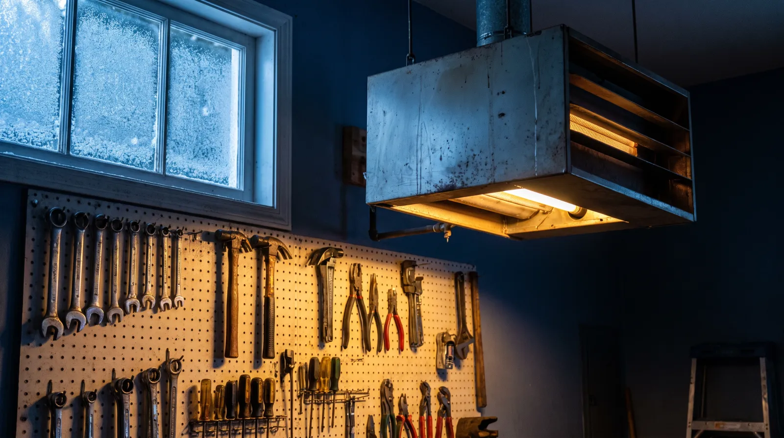 Illustrative gas unit heater casting warm light across a garage pegboard at night
