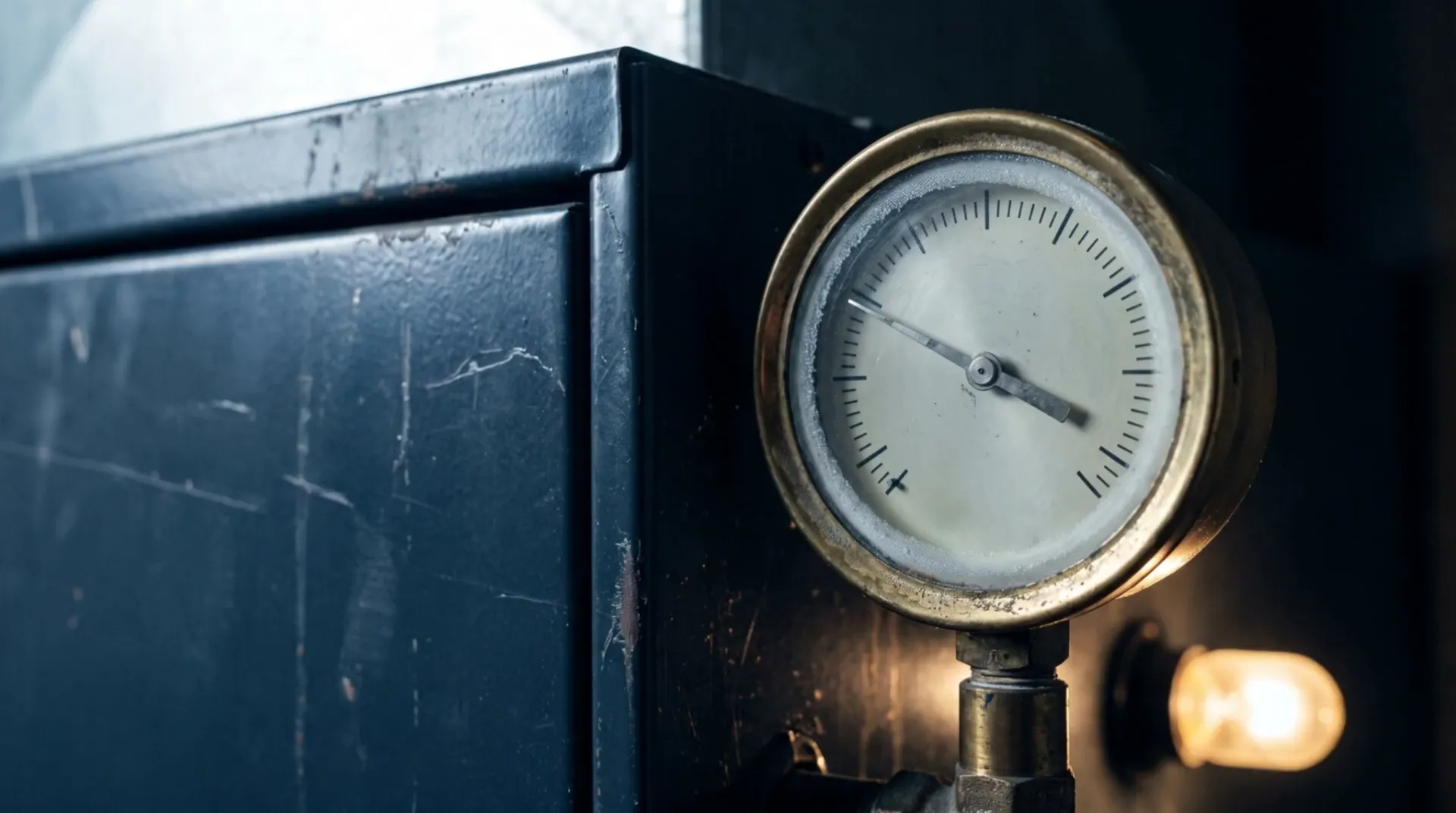 Illustrative brass pressure gauge against a cold steel furnace panel