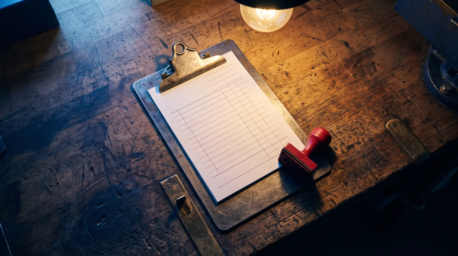 Illustrative steel clipboard with blank carbon-copy paper and a red stamp block on a worn workbench
